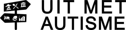 Logo Uit met Autisme, links een wegwijzer met symbolen van een olifant, achtbaan, bestek en een bed. Daarnaast de tekst UIT MET AUTISME.
